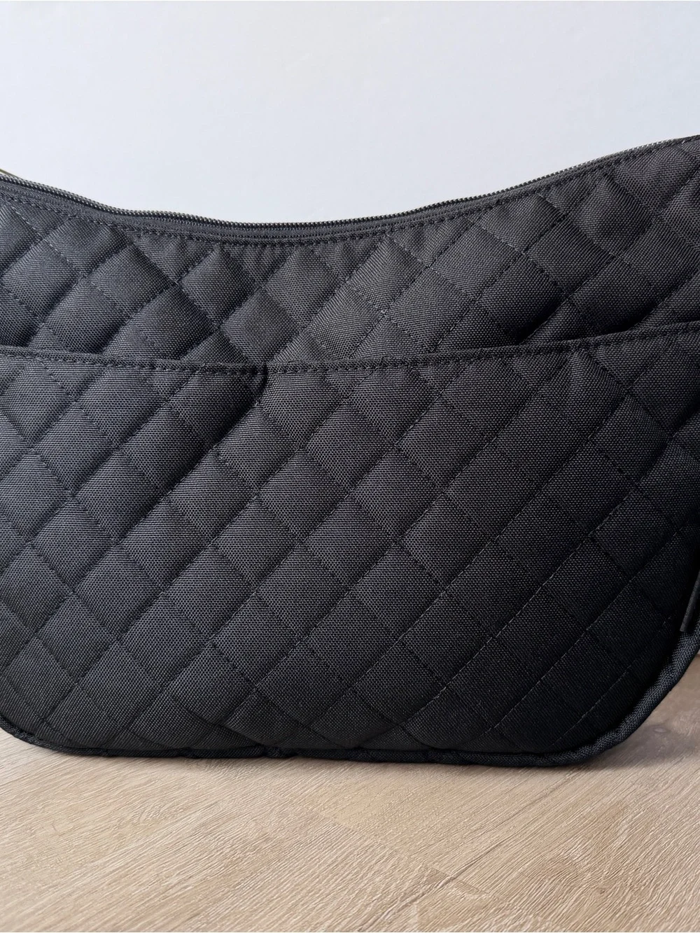 Canvelle Quilted Crescent Crossbody Bag in Black with Gold Hardware